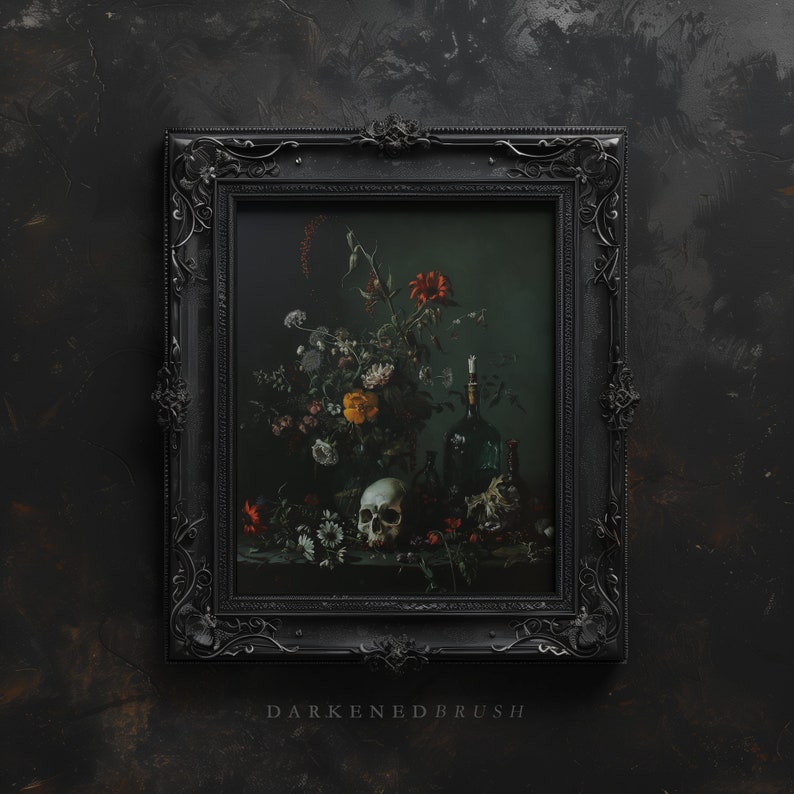 May include: A black framed painting depicting a still life with flowers, a skull, and bottles. The painting is set against a dark background.