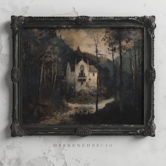 Forest Woodland Manor Vintage Landscape Painting Printable Wall Art, Estate Cottagecore Landscape Decor Painting Rustic Country Art Print