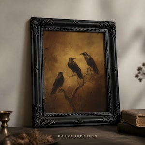 Three Ravens Painting, Gothic Wall Art, Dark Academia Decor, Moody Crows Birds on Branch, Physical Print 1024