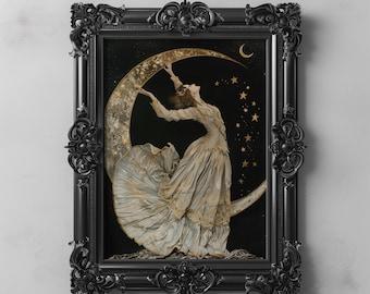 Celestial Goddess Art Print, Gothic Romance Decor, Dark Cottagecore Crescent Moon and Stars Painting, Vintage Gothic Home Decor Wall Art