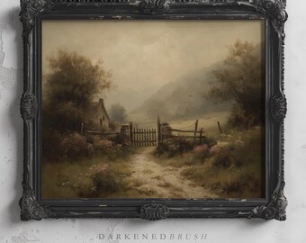 Offenes Eisentor im rustikalen Herbst-Feld Cottagecore Wand Kunst Druckbare Herbst Landschaft schwermütig Bauernhaus Dekor Gruselige Ästhetik 83