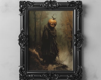 Pumpkin Head Jack O Lantern Headless Horseman Farmhouse Halloween Wall Art Digital Print, Fall Season Wall Decor Dark Cottagecore Spooky Art