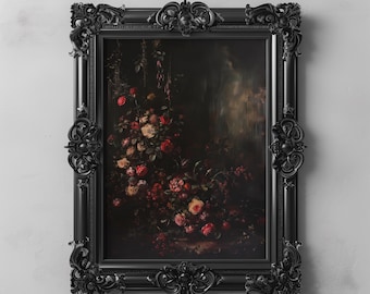 Moody Dark Botanical Floral Rose Flower Art, Dark Cottagecore Gothic Art, Dark Academia Romantic Roses Wall Decor, Vintage Floral Printable
