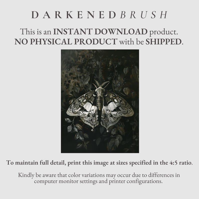 May include: A black and white digital illustration of a moth with intricate details, set against a dark background of foliage.
