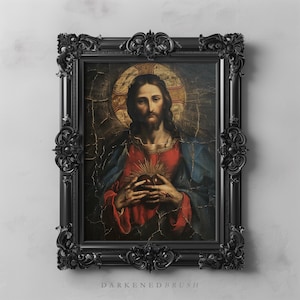 Sacred Heart of Jesus Vintage Art Painting, Christian Digital Art Printable Catholic Wall Art Decor, Textured Painting Renaissance Faith Art