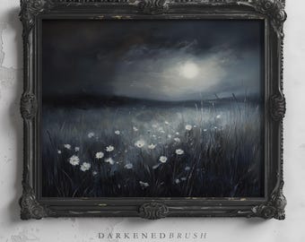 Full Moon Wildflowers Botanical Dark Academia Meadow Art Night Landscape Printable Wall Art Cottagecore Field Flowers Dark Floral Wall Decor