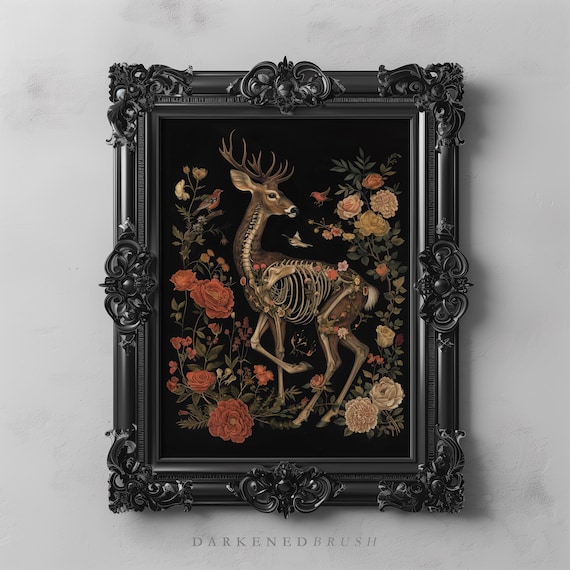 Floral Skeleton Deer Botanical Art Printable, Dark Nature Cottagecore, Cycle of Life, Dark Academia Decor Woodland Gothic Wildlife Fawn Art