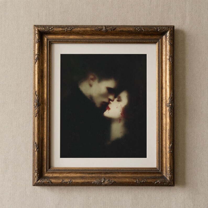 Gothic Vampire Kiss Print, Dark Romantic Wall Art for Lovers, Moody Valentine Fine Art, Baroque Gothic Couple, Haunted Bedroom Decor image 5