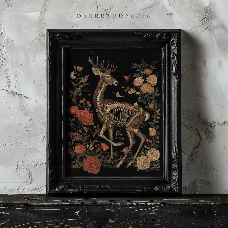 May include: A framed print depicting a skeletal deer standing in a field of flowers. The deer is surrounded by red, yellow, and white flowers. The background is black.