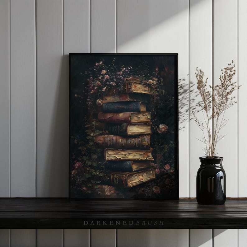 Dark Academia Antique Vintage Books and Roses Wall Art, Vintage Botanical Bookish Decor, Moody Floral Literary Art Victorian Academia Print image 10