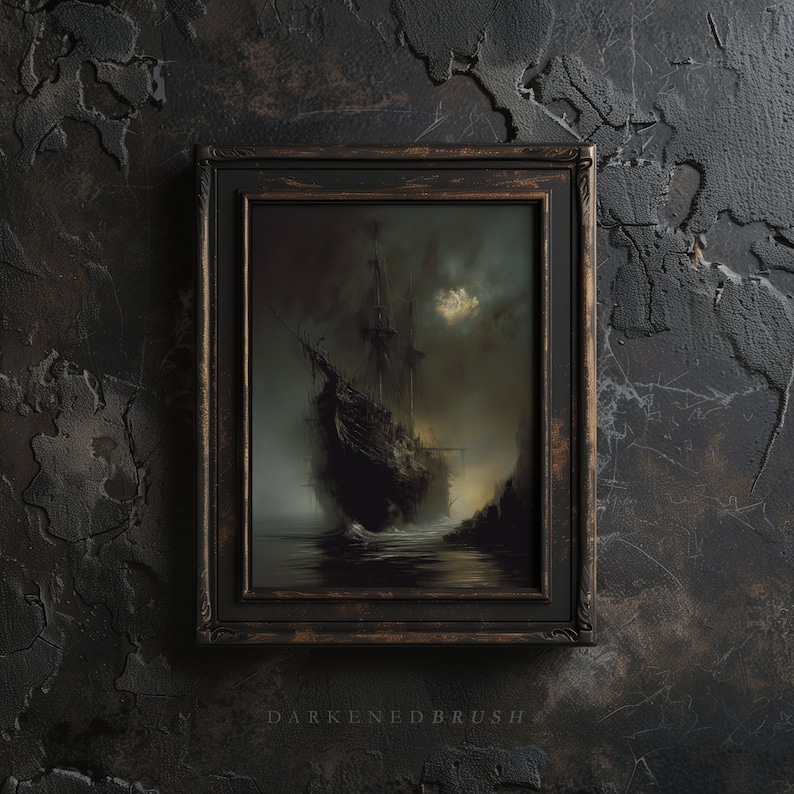 May include: A framed painting of a ship sailing through a dark, stormy sea. The ship is silhouetted against a cloudy sky, and the water is choppy. The painting is in a dark wooden frame.