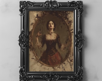 May include: A framed gothic portrait featuring a woman in a burgundy dress with white lace trim. The painting is set in an oval frame, surrounded by a black ornate frame. The text "DARKENEBRUSH" is at the bottom.