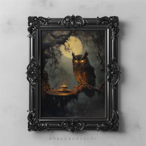 Mystical Moon Owl Art Dark Academia Cottagecore Wall Print, Gothic Nature Woodland Decor, Witchy Forest Aesthetic, Full Moon Autumn Painting