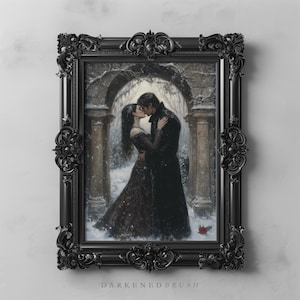 Gothic Kissing Lovers in Snowy Archway Romantic Winter Wall Art, Dark Academia Cottagecore Decor Moody Gothic Romance Christmas Couple Print