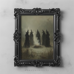 May include: A framed print featuring a dark, gothic scene of five figures in black cloaks and witch hats gathered around a fire. The artwork is set in a misty, outdoor environment, framed in a black ornate frame. The text "DARKENEBRUSH" is at the bottom.