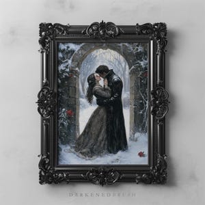Winter Kiss Gothic Dark Romance Art Printable Dark Academia Cottagecore Decor, Moody Holiday Christmas Snowy Love Couple Embrace Wall Art