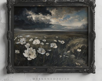 White Flowers Moody Landscape Printable, Wildflower Painting, Vintage Home Decor, Autumn Print, Farmhouse Painting Vintage Printable Art