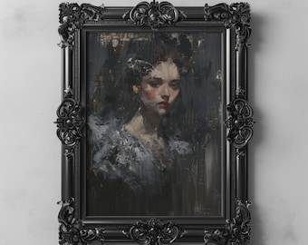 Moody Victorian Woman Portrait Painting Abstract Dark Oil Painting Printable Wall Art Gothic Vintage Lady Portrait Print Dark Academia Decor