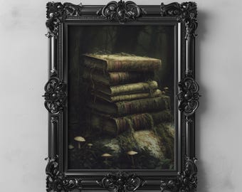 Antique Vintage Books in Nature Dark Academia Library Printable Gothic Literary Decor Dark Cottagecore Enchanted Forest Art Witchy Aesthetic
