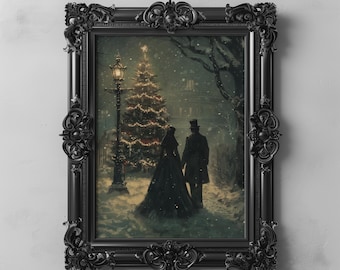 Victorian Christmas Tree Couple Art Printable Vintage Holiday Decor, Romantic Winter Gothic Christmas Wall Art, Snowy Victorian Oil Painting