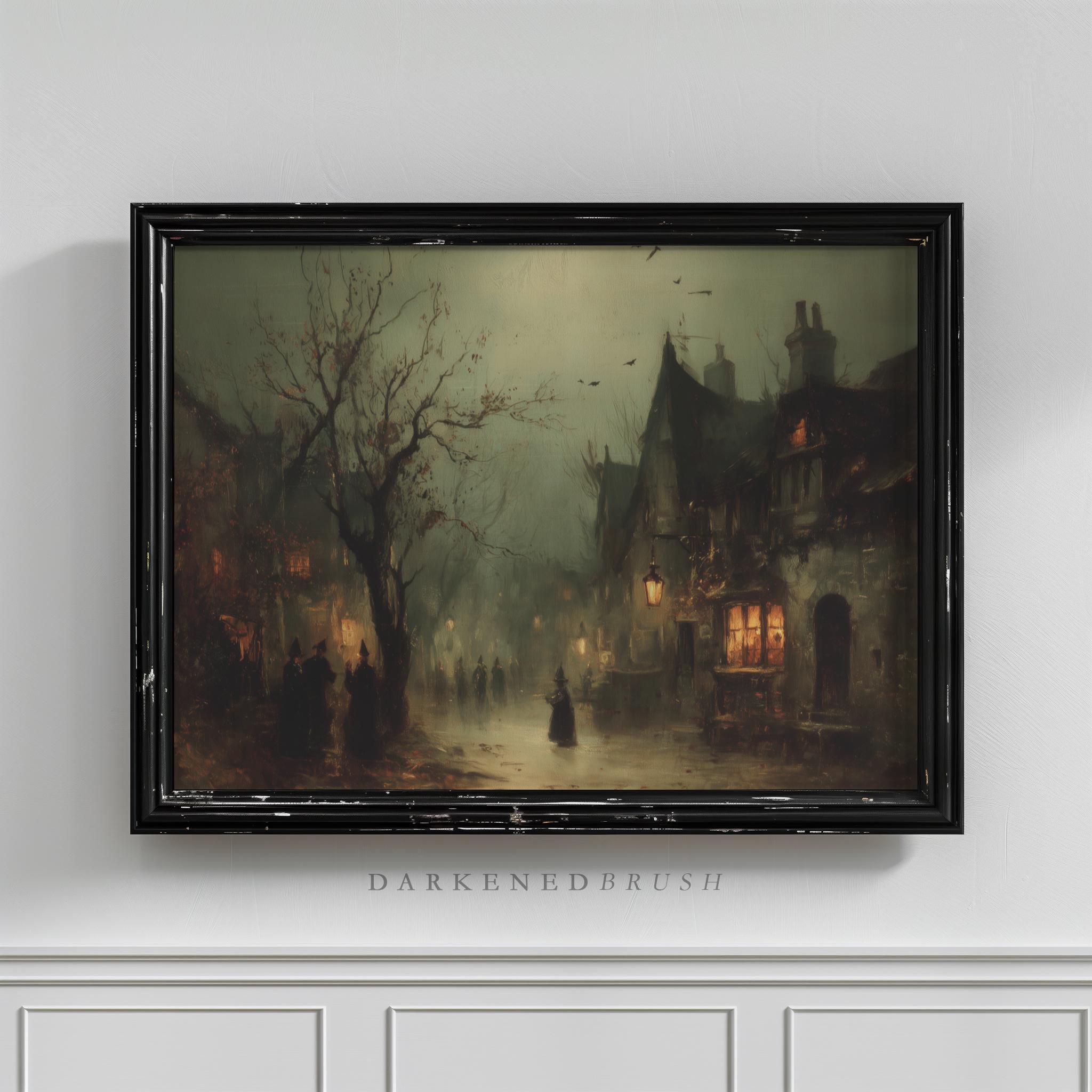Gothic Victorian Street With Lanterns and Figures in Fog Haunted