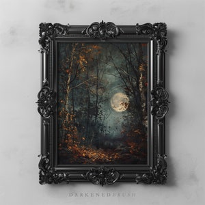 Herbst Vollmond dunklen Wald Kunstdruck, Cottagecore, stimmungsvolle Herbst Kunst, Gothic Halloween Art-Dekor, druckbare Märchen Wald Wandkunst