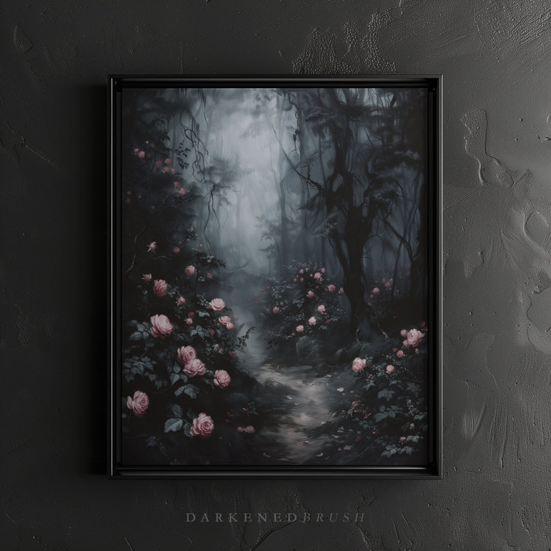 May include: A painting of a dark, misty forest path lined with pink roses. The path leads into the distance, where the trees are shrouded in fog. The painting has a dark and mysterious atmosphere.