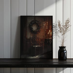 May include: A dark, moody painting of a room with a single chair, a wreath hanging on the wall, and a chandelier with lit candles. The room is dimly lit, creating a sense of mystery and intrigue.