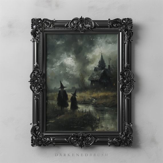 Gothic Witchy Wall Art, Dark Academia Cottagecore Painting, Moody Landscape with Gothic House, Halloween Art Witch Decor, Printable Wall Art