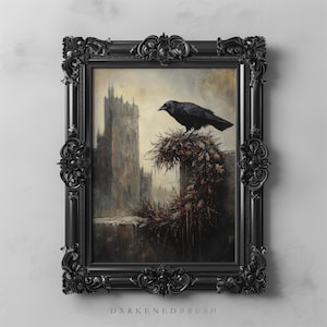 Gothic Winter Raven Crow Xmas Wreath Art Printable, Vintage Dark Academia Festive Winter Wall Art, Gothic Holiday Print Dark Christmas Decor