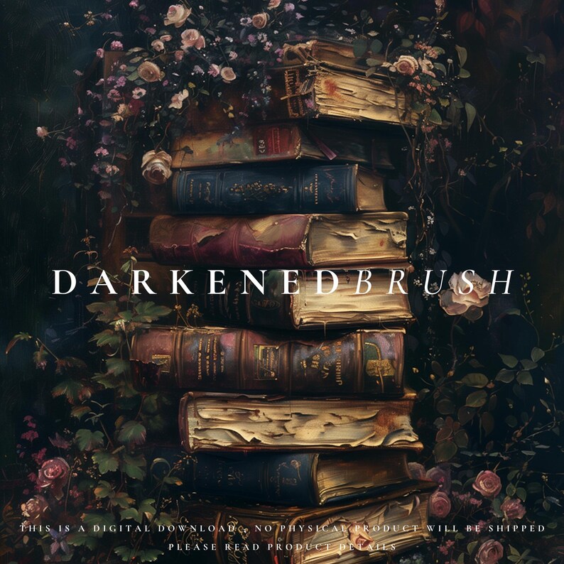 May include: A stack of old, leather-bound books with worn pages, surrounded by lush green foliage and pink flowers. The text "DARKENEDBRUSH" is superimposed on the image.