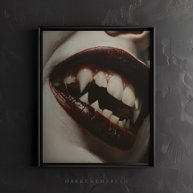 May include: Close-up of a mouth with dark red lipstick and sharp, pointed teeth. The teeth are bared in a menacing grin.