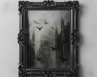 May include: A black framed print of a gothic cathedral with crows flying in a foggy sky.