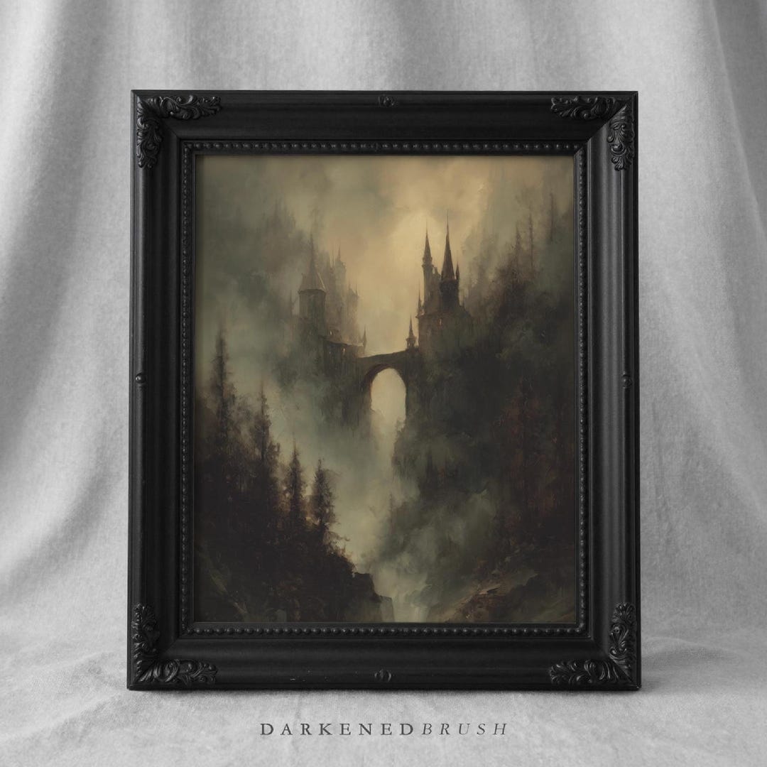 Gothic Castle in Mist Printable Dark Fantasy Bridge Landscape Art ...