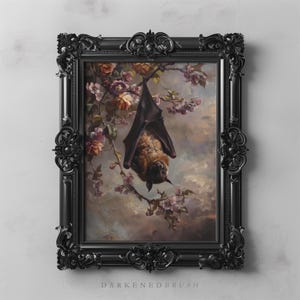 Floral botanische Fledermaus Wand Dekor dunkel Cottagecore Malerei bedruckbar, Fantasy Wald Kunst, Gothic Fledermaus Druck, Fledermaus Geschenk Blume Tier Wandkunst