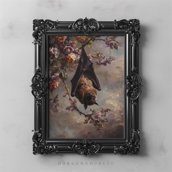 Floral Botanical Bat Wall Decor Dark Cottagecore Painting Printable, Fantasy Forest Art, Gothic Bat Print, Bat Gift Flower Animal Wall Art