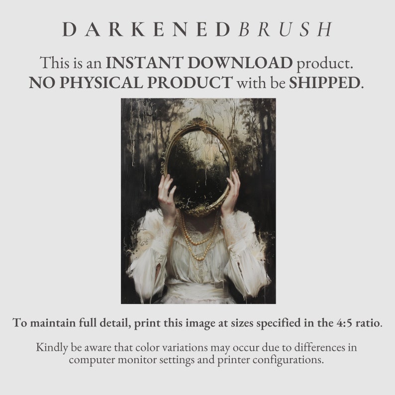 May include: A woman in a white dress holds a large, ornate, gold-framed mirror in front of her face. The mirror reflects a dark, wooded scene. The woman is wearing a pearl necklace.