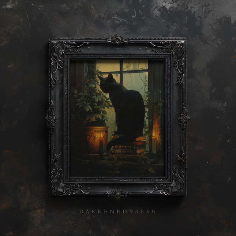 May include: A black cat sits on a stack of books in a window with a potted plant and candles. The window is framed in a dark wood frame.