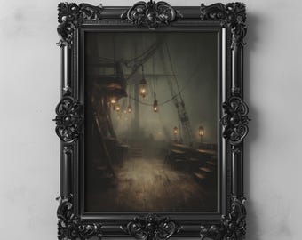 Empty Deck of Ghost Ship With Lanterns Gothic Maritime Sea Wall Art Haunted Ocean Decor Dark Academia Pirate Ship Printable Aesthetic 114