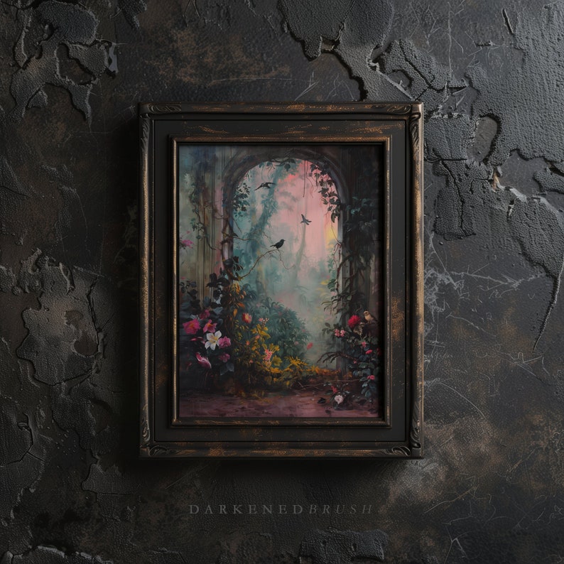 May include: A framed painting of a lush, overgrown garden with a stone archway. The painting features a misty, ethereal atmosphere with vibrant green foliage, pink flowers, and a small black bird perched on a branch. The frame is dark brown with a gold trim.