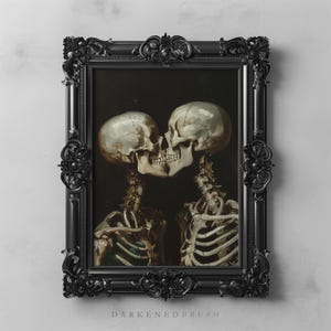 Arte imprimible para amantes de los esqueletos góticos, arte de pared de calavera romántica de estilo cottagecore oscuro, póster de amor gótico imprimible de Dark Academia, decoración artística de Halloween imagen 1