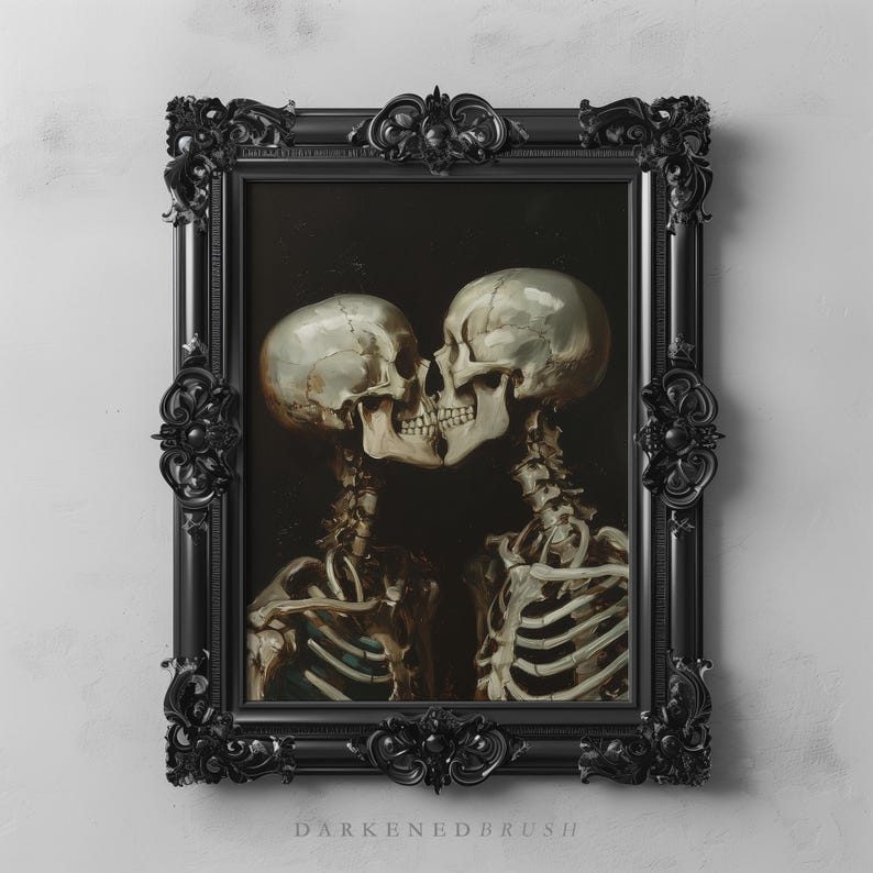 Arte imprimible para amantes de los esqueletos góticos, arte de pared de calavera romántica de estilo cottagecore oscuro, póster de amor gótico imprimible de Dark Academia, decoración artística de Halloween imagen 1