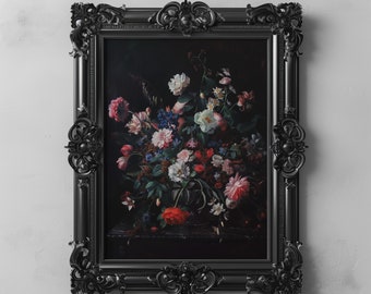 May include: A black ornate frame with a dark background and a painting of a bouquet of pink, white, and red flowers.