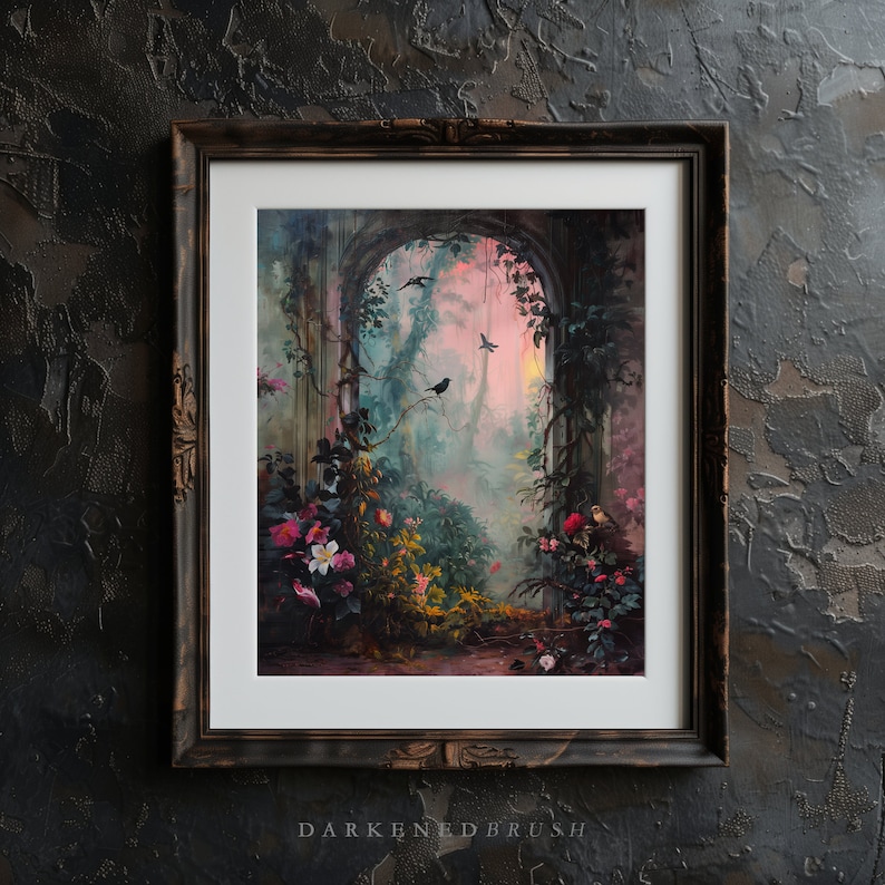 May include: A framed painting of a lush, overgrown garden with a stone archway leading to a misty, pink-hued forest. Birds are perched on branches and the scene is filled with vibrant green foliage and pink flowers.