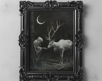 May include: A black framed painting depicting a woman in a hooded cloak offering her hand to a white deer in a dark forest setting. A crescent moon hangs in the night sky above them.