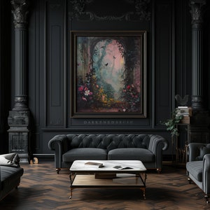 May include: A dark, moody living room with two black velvet sofas, a coffee table, and a large framed painting of a whimsical garden scene with a pink sky. The painting is titled "Darkened Brush".