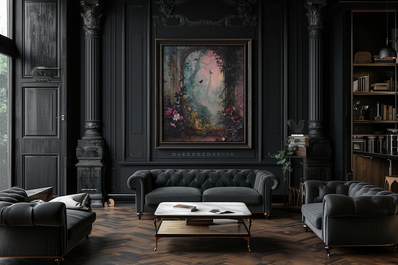 May include: A dark, moody living room with two black velvet sofas, a coffee table, and a large framed painting of a whimsical garden scene with a pink sky. The painting is titled "Darkened Brush".