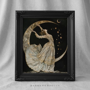 Lámina artística de la Diosa Celestial, decoración gótica romántica, pintura de luna creciente y estrellas de estilo cottagecore oscuro, arte mural decorativo gótico vintage para el hogar