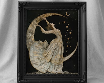 Celestial Goddess Art Print, Gothic Romance Decor, Dark Cottagecore Crescent Moon and Stars Painting, Vintage Gothic Home Decor Wall Art