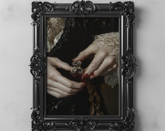 Viktorianische Vampir Gothic Kunst Druckbare dunkel Barock Ästhetik geheimnisvolle Blutphiole romantische Vintage Hände Malerei dunkel Academia Wanddekoration